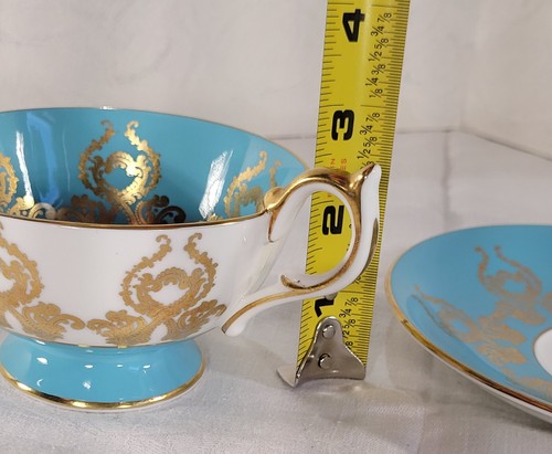 AYNSLEY Tea Cup & Saucer Orchard Fruit # 2832 Turquoise Heavy Gilt Bone China - Picture 9 of 12