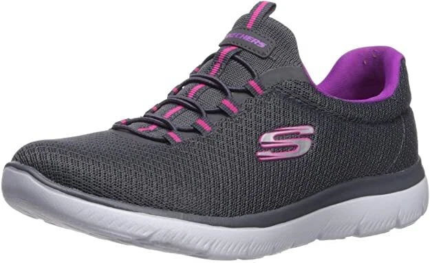 Skechers Ladies Charcoal Purple Mesh Bungee Lace Memory Foam Trainers Summits
