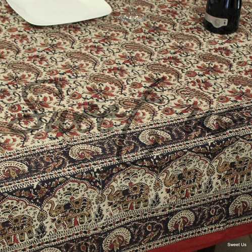 Hand Block Print Paisley Elephant Floral Tablecloth Rectangle Cotton Red Black - Picture 2 of 3