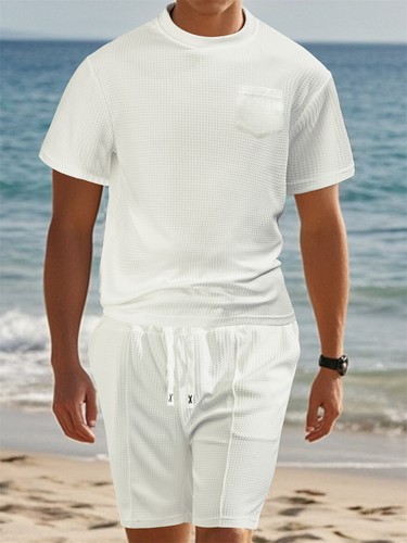 Mens Waffle Outfit 2-Piece Set Short Sleeve T- Shirts and Shorts Sweatsuit Set - Picture 10 of 25