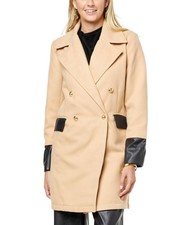 H Halston Women's Double-breasted Coat With Leather Detail (camel/black, Xxl)