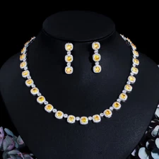 Yellow CZ Bridal Square Tennis Wedding Necklace Earrings Banquet Jewelry Set
