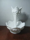 Fenton Hobnail Epergne White Milk Glass Single Horn Vintage Scalloped