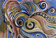 5x7 Pamela Wilhelm Original Watercolor & Ink Abstract, Arm Hand Eyes Leaf Fish