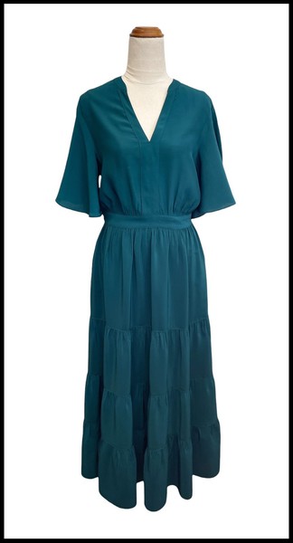 WITCHERY Green Tiered A-Line Flutter Sleeve Midi Dress Pockets Size 8