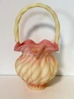 Fenton Uranium Satin Spiral Optic Burmese Unpainted Glass Basket GLOWS