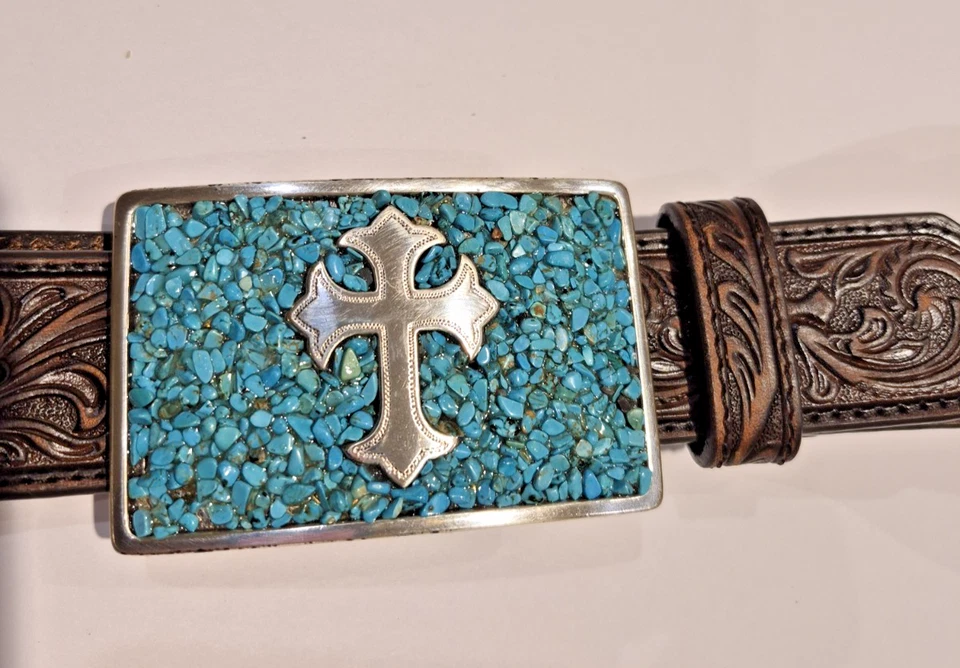 Cinturón NOCONA Western Tooled Cuero Turquesa Plata XL Foto 2 de 4