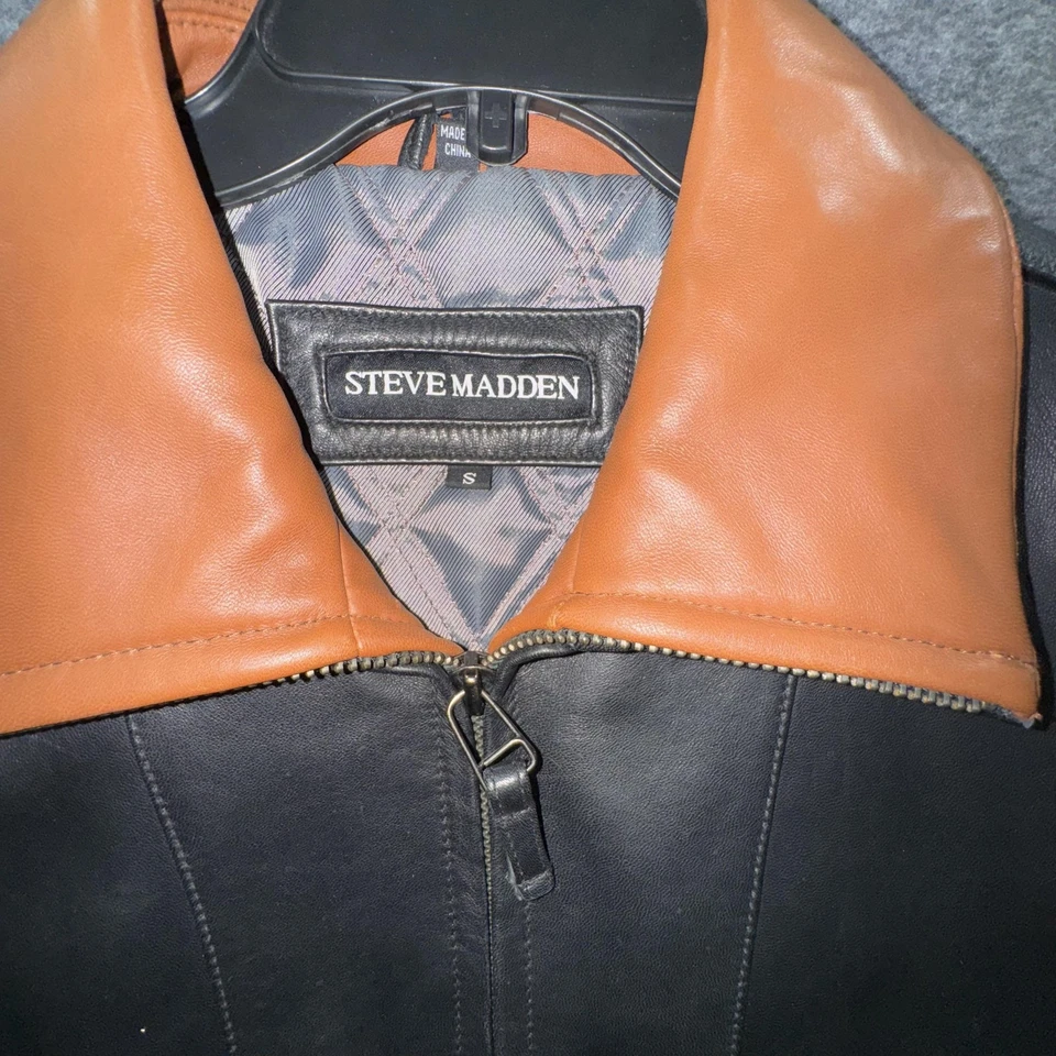 Steve Madden Genuine Leather Jacket Mens Small Black Brown Two Tone Zip Lined — 第 2/4 张图片