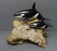 John Perry Studio Orca Killer Whale 13" x 10" Burl Wood Sculpture