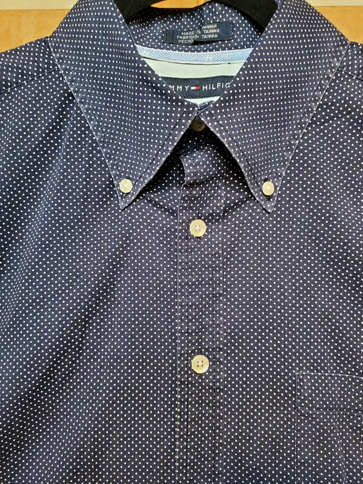 Tommy Hilfiger Men Short Sleeve Button Shirt Extra Large Stretch Blue White Dots - Image 2 of 4