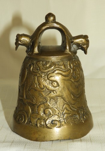 Vintage Chinese Large Etched Solid Brass Temple Bell Ritual Gong Dragon