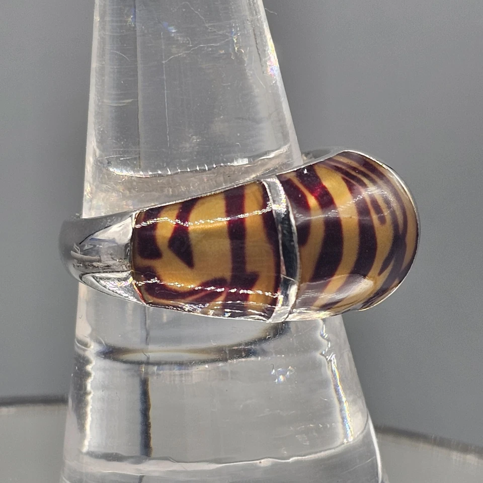 Tiger Stripe Dome Ring Size 8.5 Silver Tone Metal Camille Lucie Animal Print - Image 2 of 4
