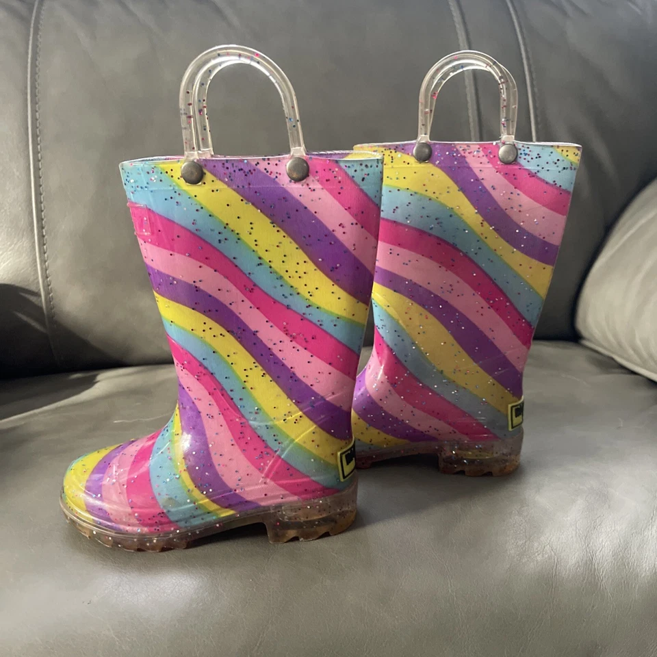 Western Chief девочек 5/6 дождя ботинки розовый фиолетовый блестящий свет вверх туфли - Изображение 3 из 4