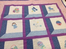 Machine embroidered Baby Nursery Quilt Purple color w/ Baby Toy graphics 32x42"