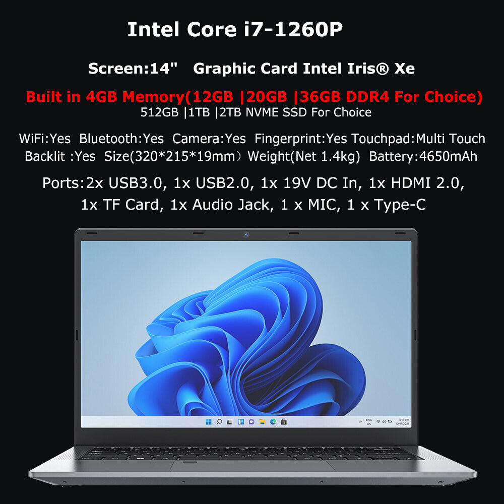14 15.6 12th Gen Intel Core i7-1260P i9-10850 MX450 Laptop Notebook 32GB 2TB. Available Now for 649.00