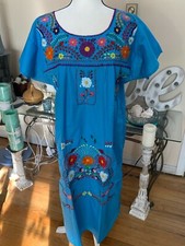 Puebla Dress Mexican Embroidered Flowers Floral Oaxacan M Medium Blue K