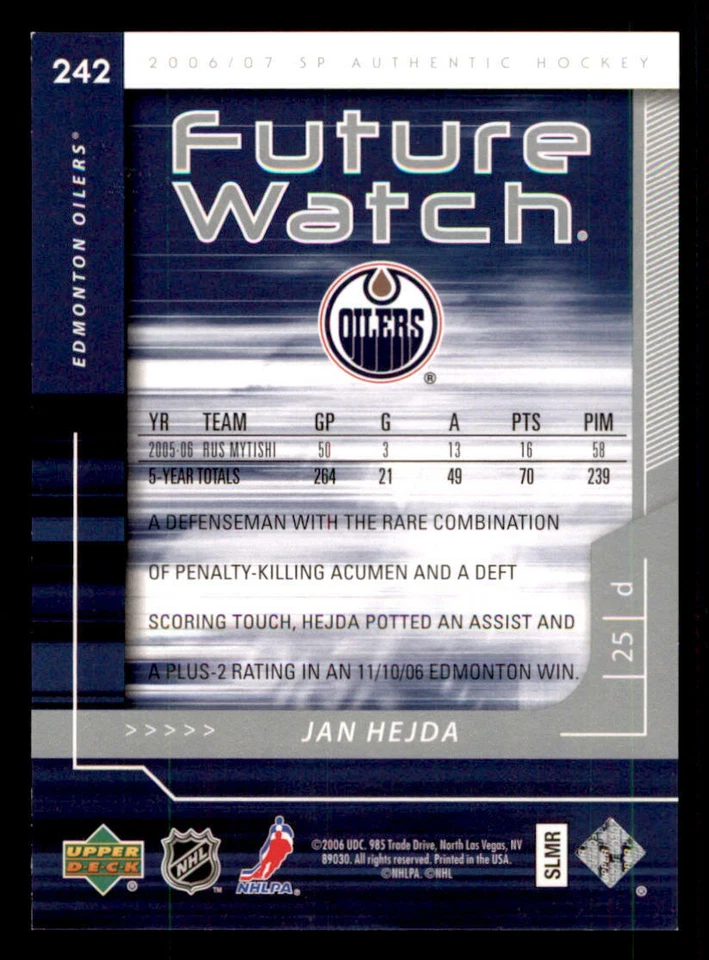 2006-07 SP Authentic #242 Jan Hejda RC /999 (ref 240042) - Image 2 of 2