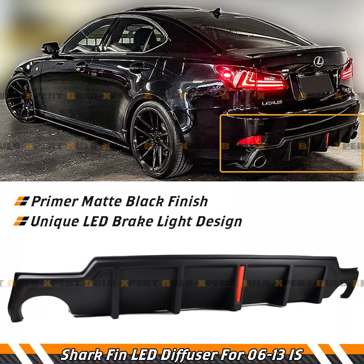 FOR 2006 13 LEXUS IS250 IS350 JDM MATT BLACK REAR BUMPER DIFFUSER WITH LED LIGHT
