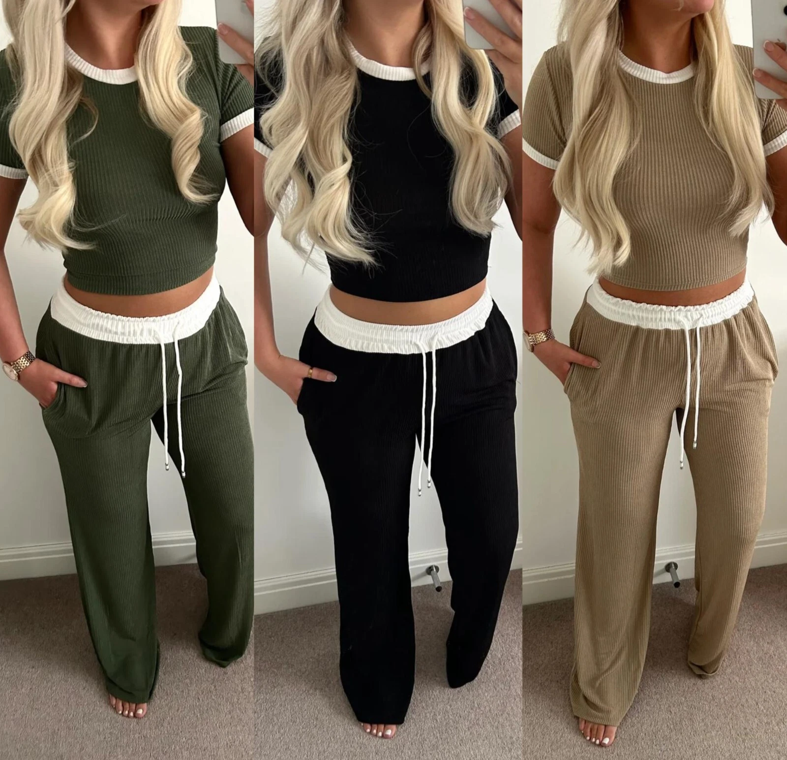 Womens Ribbed Contrast Lounge wear Ladies Two Piece Jogging Tracksuit Co-ord Set