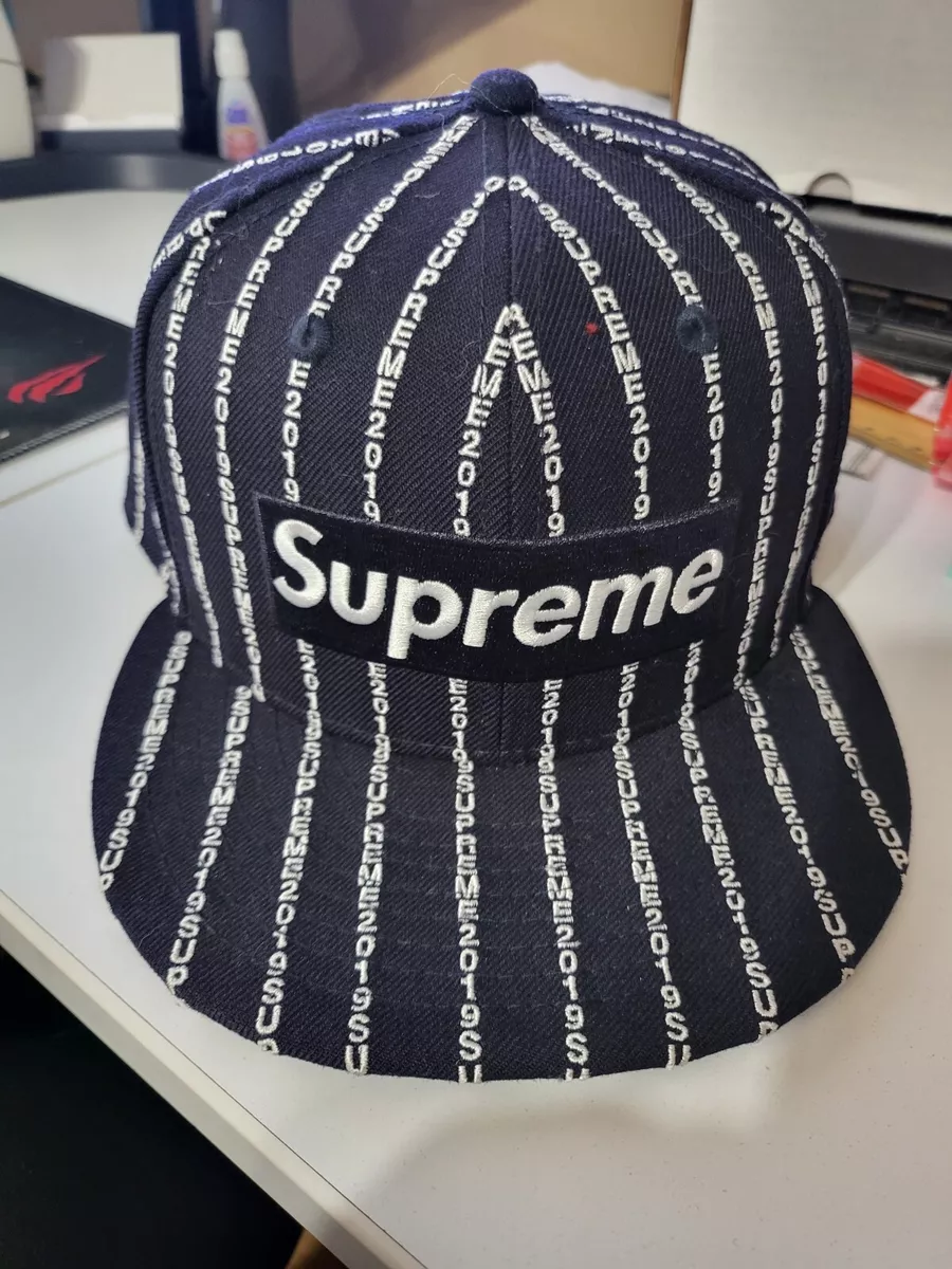 Supreme x New Era Hat 2019 Text Stripe Black Fitted 7 3/4 Gently Used