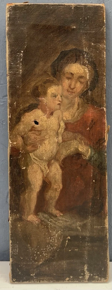 Tableau Ancien Huile à Restaurer Portrait de La Vierge et l’Enfant XVIIIe Siècle - Photo 2/4