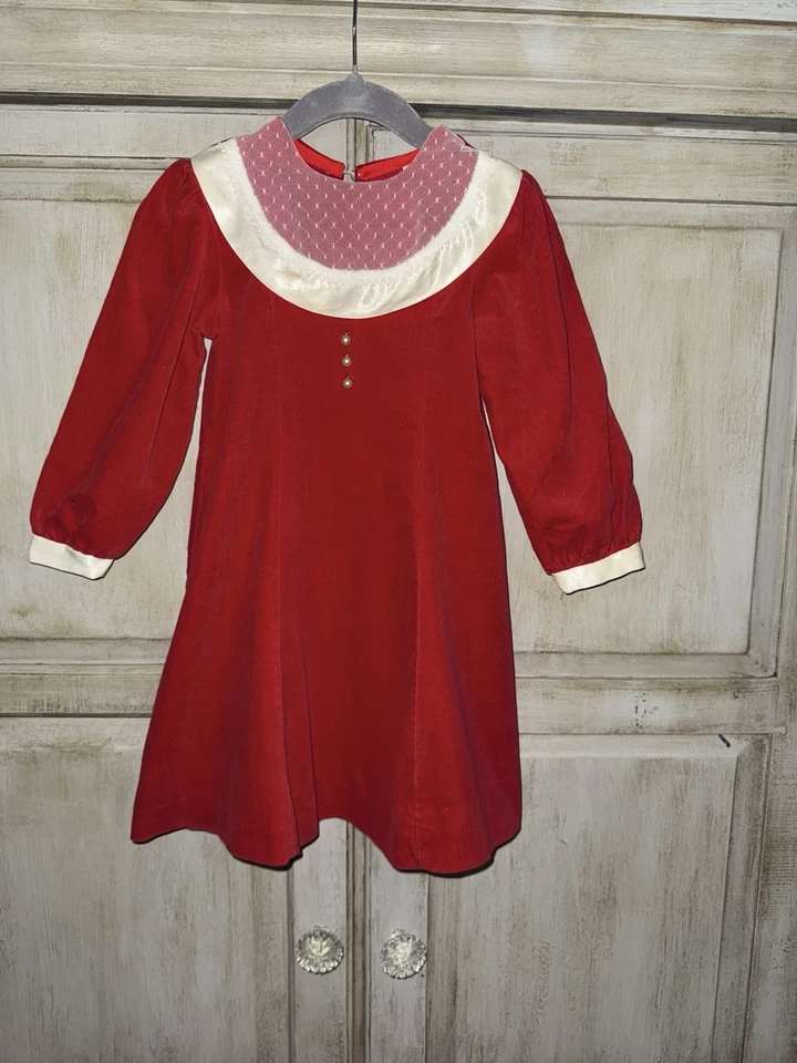 Vestido Polly Flinders vintage para niñas * Terciopelo rojo * Satén * Encaje * Perla * Talla 5 Foto 3 de 4
