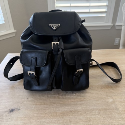 Prada Black Leather Backpack Triangle Logo Buckle Pockets Drawstring Italy