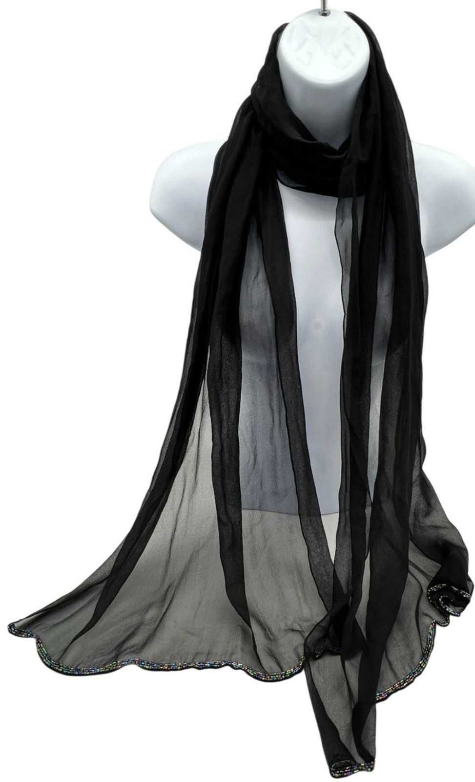 Womens Beaded Evening Trim Chiffon Dupatta Lightweight Scarf Wrap Black