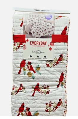 MARTHA STEWART EVERYDAY WINTER BIRDS RED CARDINALS FULL QUEEN QUILT 3 PC SET NEW