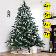 Snowy Christmas Tree 4/5/6/7FT Artificial Hinged Pine Tree Decorations w/ Stand