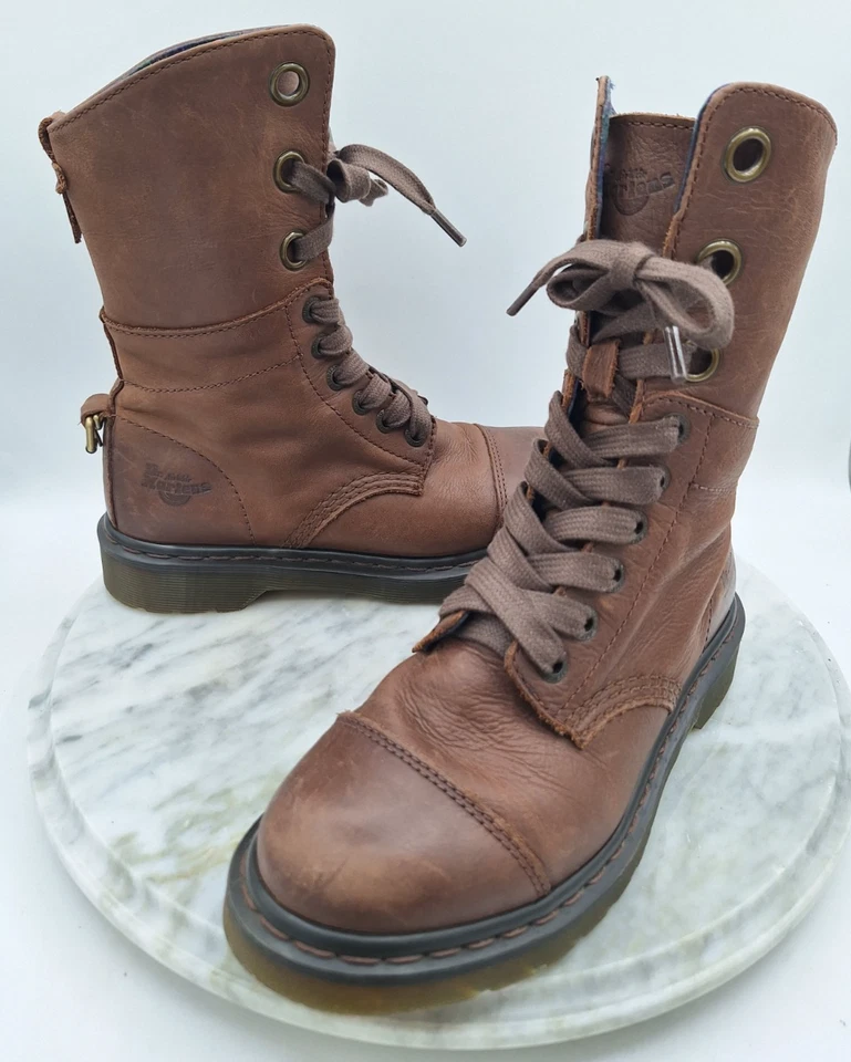Excellent Dr Martens Aimilie Brown Leather Floral Lining Fold Over Boots Women 7 - Image 3 of 4