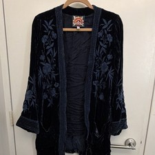 Johnny Was Velvet Kimono Jacket Blue Embroidered Long Sleeve Women Size M