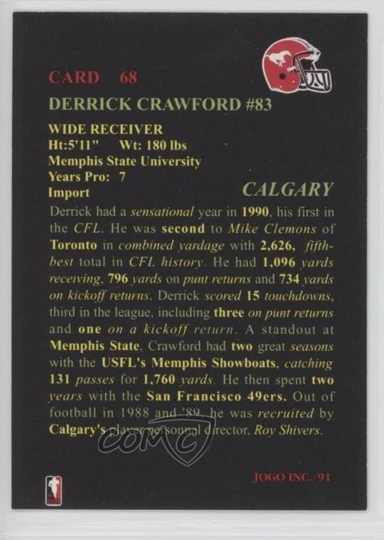 1991 Jogo CFL Derrick Crawford #68 - Image 2 of 2