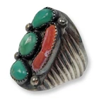 Vintage Navajo Sterling Silver Ring w/ Turquoise & Red Coral (23.8g) Size 11