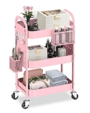 3 Tier Rolling Cart with DIY Pegboards Metal Utility Cart with Wheels Handles...