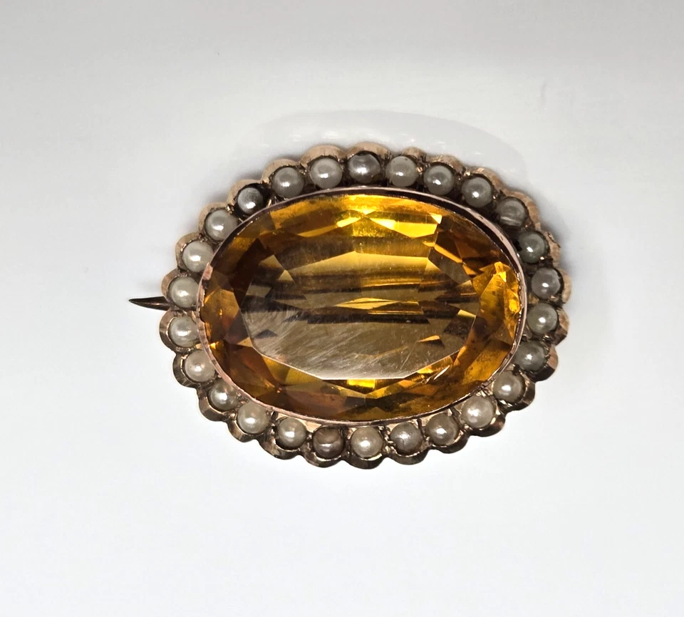 Broche de oro amarillo de 9 quilates piedras de perlas de citrino con sello tamaño 22 mm x 18 mm Foto 4 de 4