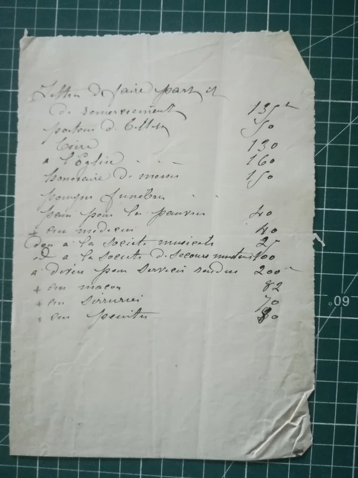 facture - belle époque - récapitulatif des prix d'un enterrement - 1 page - Photo 1/1