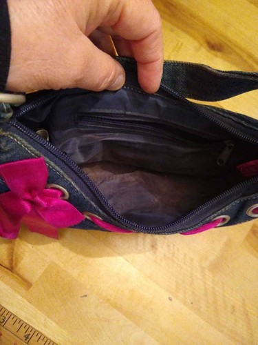 Girls Shoulder Hobo Bag Blue Pink Zipper Ribbon Bow Cotton Denim Small - Picture 5 of 5