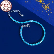 Adjustable 925 Sterling Silver Turquoise Tennis Charm Link Bracelet Jewelry