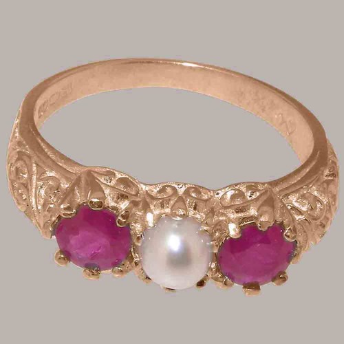 9ct Rose Gold Full Pearl & Ruby Womens Trilogy Ring - Sizes J to Z - Picture 3 of 4