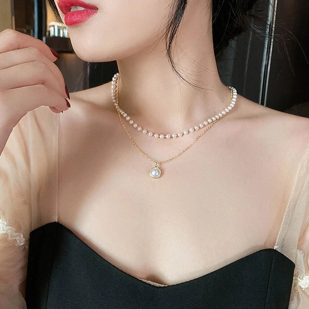 Jewelry Fashion Women Pendant Double Layer Necklace Pearl Choker