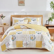Joyreap 3 Pieces Floral Patchwork Quilt Set King, Yellow N White Flowers Design,