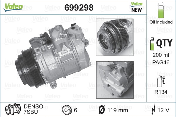 VALEO 699298 Compressor, air conditioning for CHRYSLER,MERCEDES-BENZ