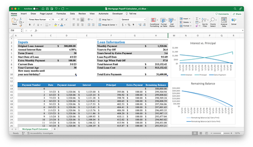 Mortgage Payoff Calculator Spreadsheet (Blue) for Microsoft Excel/Google Sheets - Picture 8 of 13