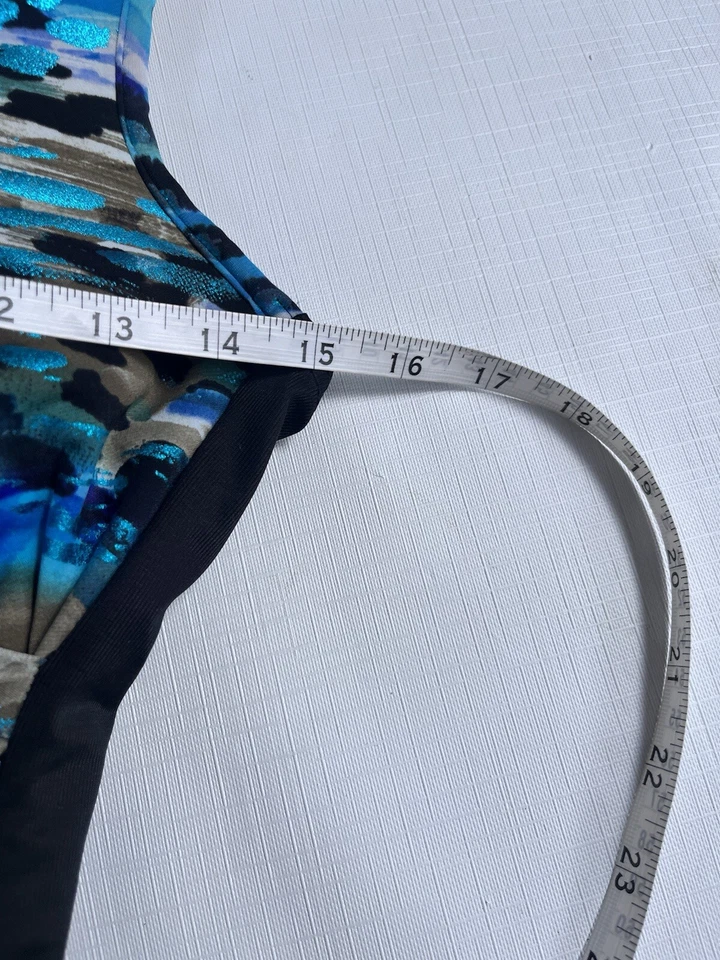 Maiô feminino MiracleSuit peça única 8 preto e azul abstrato náilon feito nos EUA - Imagem 3 de 4