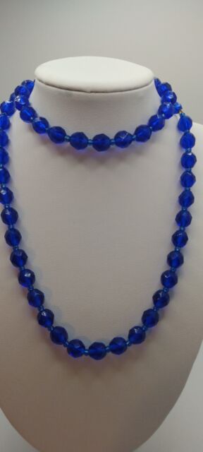 Vintage Crystal Cobalt Blue Faceted Beaded Necklace tiny blue beads in between.