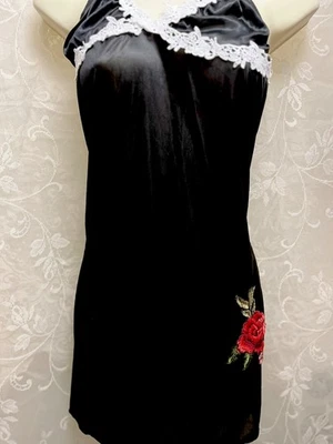 Black Sheer Babydoll Slip Dress, Rose Embroidered Lace Romantic Y2K Fits Sm. - Image 1 of 4
