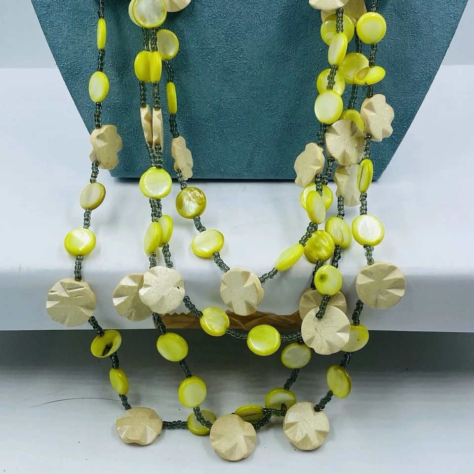 Multi Strand Necklace Mother Of Pearl Wooden Beaded Layered 26" Long - Image 2 of 4