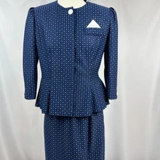 TF Vintage Career Blue & White Polka Dot Peplum Jacket Suit Size 6P