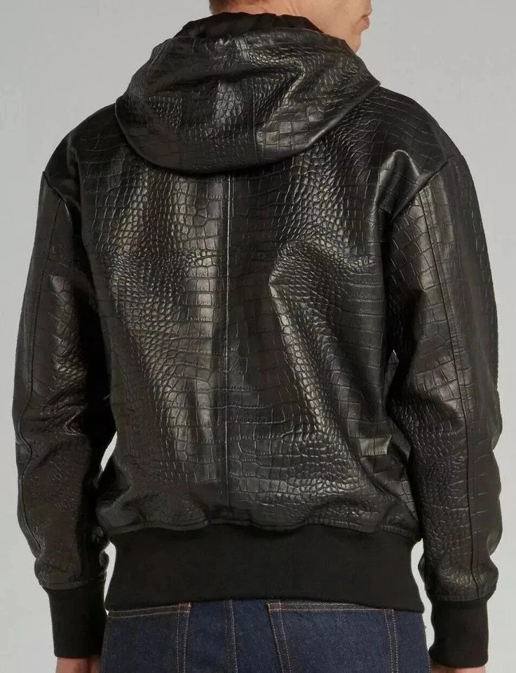 Men’s Crocodile Embossed Leather Hoodie Jacket Black Cowhide Zip-Up - Image 2 of 3